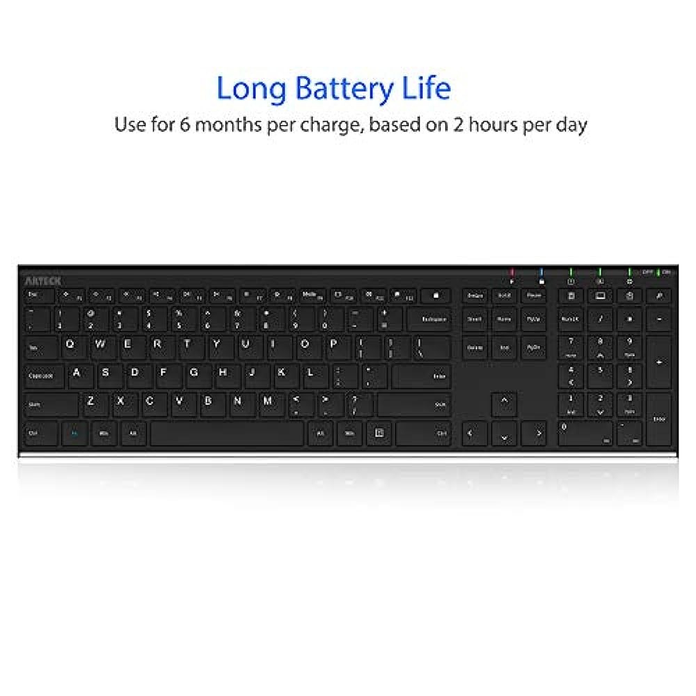 Arteck 2.4G wireless keyboard stainless steel ultra-thin full-size keyboard with numeric keypad suitable for computer desktop VPC / laptop /Surface / smart TV and Windows10 /8/7 built-in rechargeable.